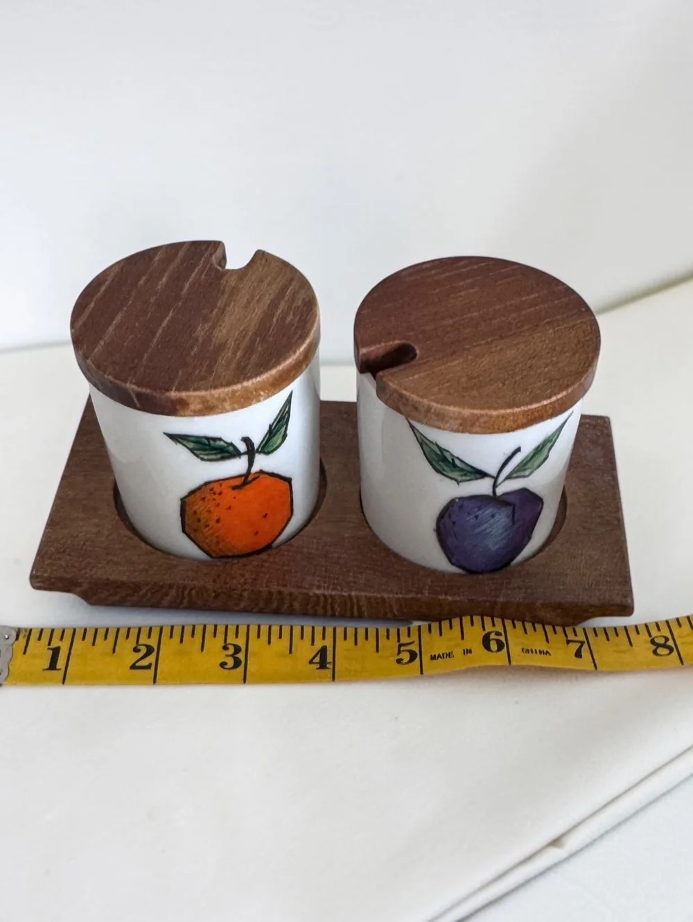 Vintage Japan Fruit Condiment Jars Set of 2 Ceramic Wood Lids & Holder MCM